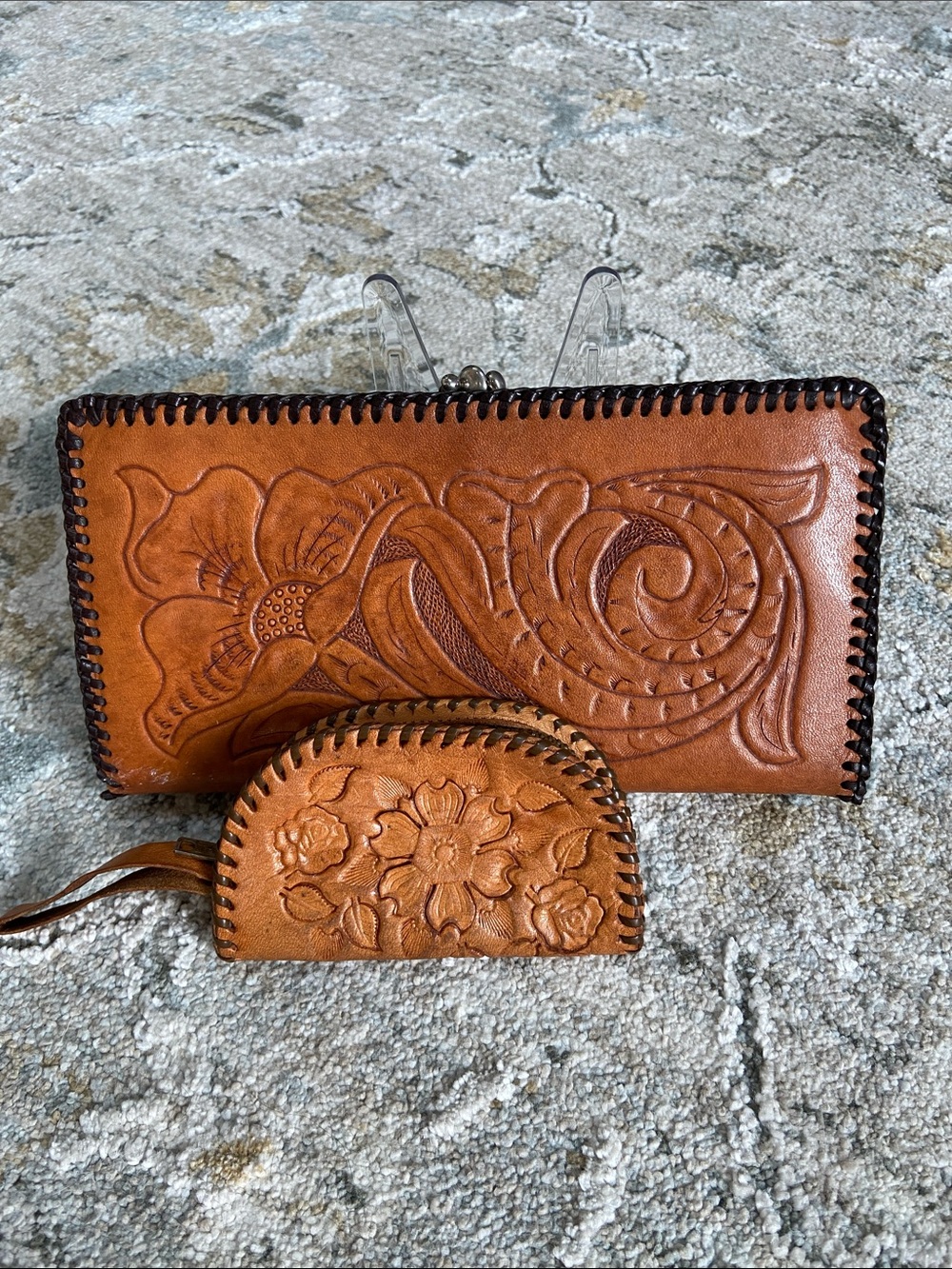 Vintage Hand-Tooled Floral Leather Clutch Wallet and Coin Pouch